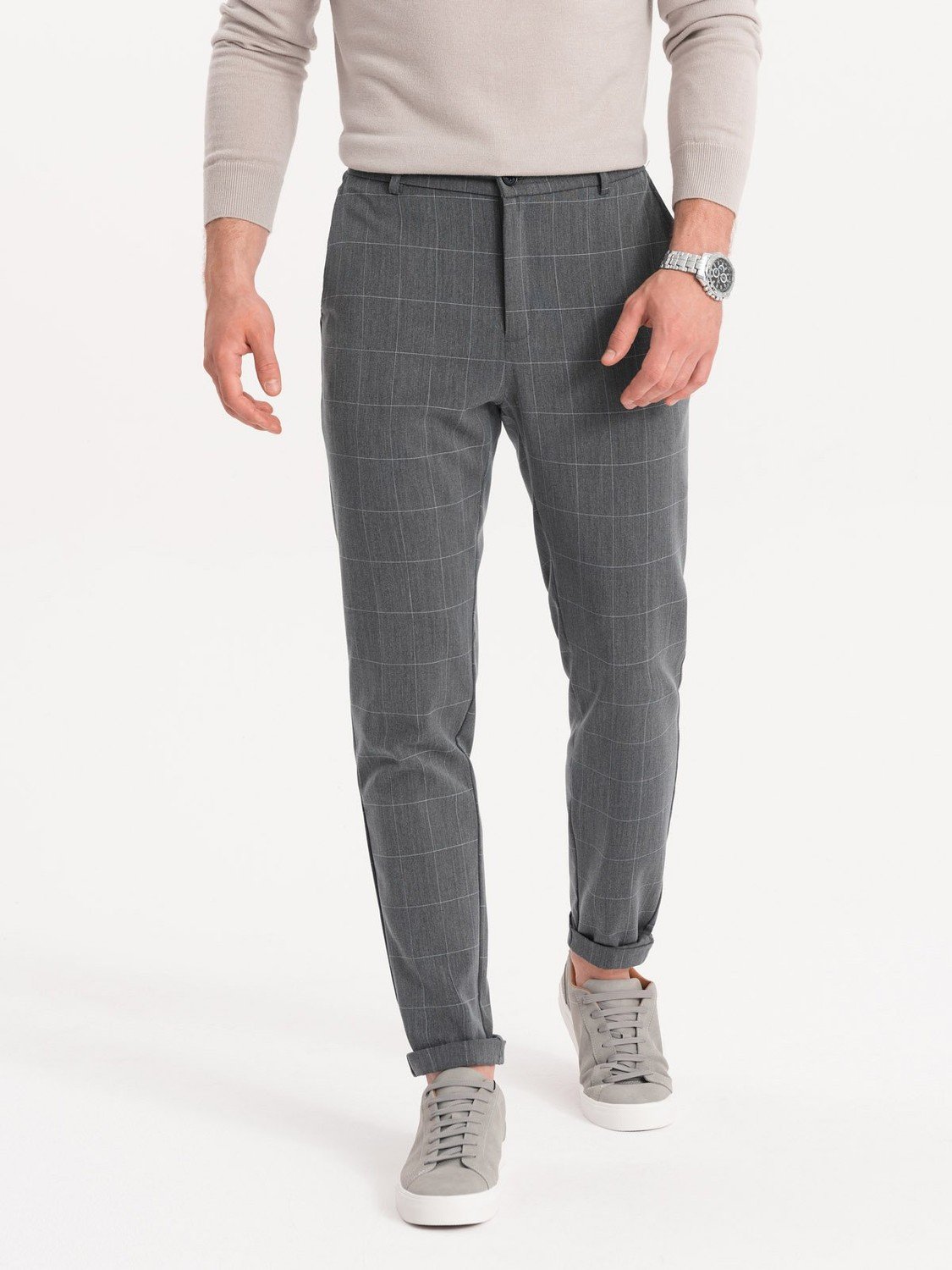 Ombre Men's pants with elastic waistband in delicate check - gray