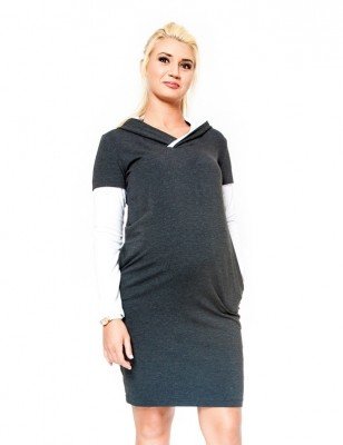 Be MaaMaa Těhotenské šaty/tunika s kapucí RIA - grafit, vel. S/M
