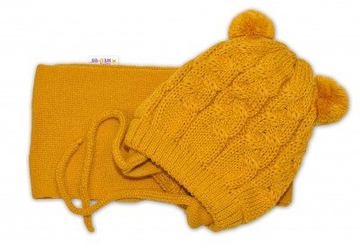 BABY NELLYS Zimní pletená kojen čepička s šálou TEDDY - hořčicová s bambulkami, vel. 62/68, vel. 62-68 (3-6m)