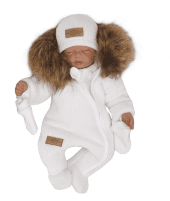 Z&Z Zimní kombinéza s kapucí a kožešinou + rukavičky, bílá, vel. 56 (1-2m)