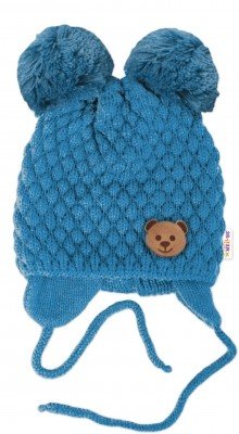 Zimní pletená čepice Teddy Bear na zavazování, modrá, Baby Nellys, vel. 56-68 (0-6 m)