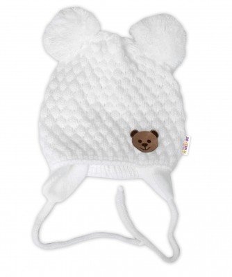 Zimní pletená čepice Teddy Bear na zavazování, bílá, smetanová, Baby Nellys, vel. 56-68 (0-6 m)