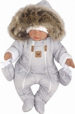 Z&Z Zimní kombinéza s dvojitým zipem, kapucí a kožešinou + rukavičky, Angel - šedý, vel. 56 (1-2m)
