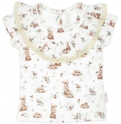 Tričko bavlna, krátký rukáv s volánky, Nicol, Bunny - krémové, vel. 110 (4-5r)