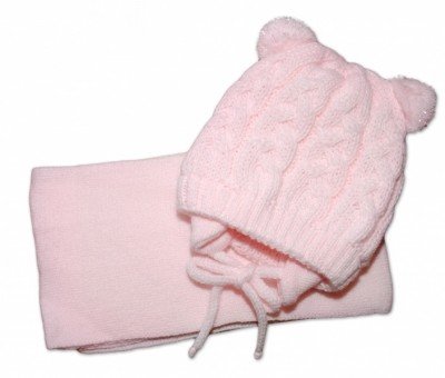 BABY NELLYS Zimní pletená kojenecká čepička s šálou TEDDY - sv. růžová, vel. 62/68, vel. 62-68 (3-6m)