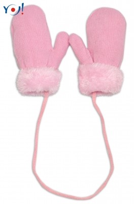 YO! Zimní kojenecké rukavičky s kožíškem - se šňůrkou YO - sv. růžové/růžový kožíšek, vel. 80-92 (12-24m)
