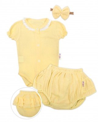 Baby Nellys 3-dílná mušelínová soupravička, body, kraťasky + čelenka GIRL, žlutá, vel. 56 (1-2m)