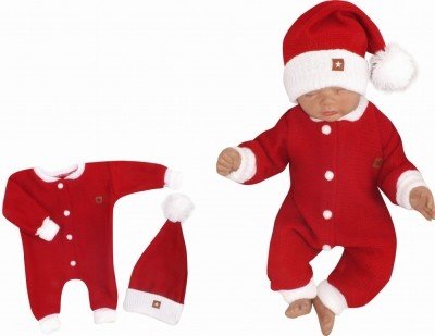 Z&Z 2-dílná sada Pletený overálek + čepička Baby Santa, červený, vel. 56 (1-2m)