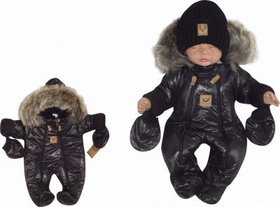 Zimní kombinéza s dvojitým zipem, kapucí a kožešinou + rukavičky Z&Z, Angel - černý, vel. 56 (1-2m)