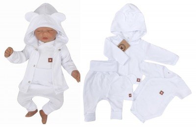 Novorozenecká sada 4D, body kr. rukáv, tepláčky, kabátek a čepička Z&Z, bílá, vel. 50 (0-1m)