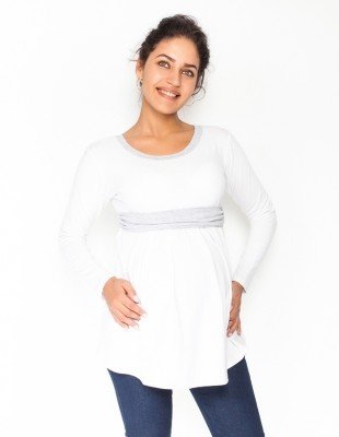 Be MaaMaa Těhotenská tunika s páskem, dlouhý rukáv Amina - bílá/pásek šedý, vel. XS (32-34)