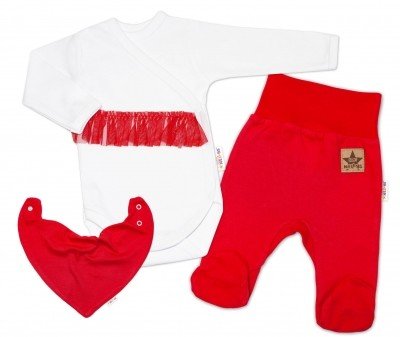 Baby Nellys 3-dílná sada Body dl. rukáv s tutu, šátek, polodupačky, červená, bílá, vel. 50 (0-1m)