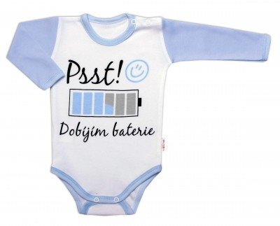 Body dlouhý rukáv s vtipným textem Baby Nellys, Psst! Dobíjím baterie, kluk, vel. 56 (1-2m)