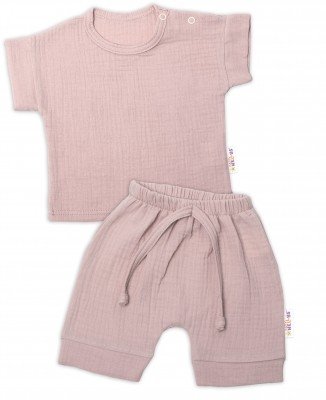 Baby Nellys 2-dílná mušelínová soupravička, tričko + kraťasky BOY, béžová, vel. 56 (1-2m)