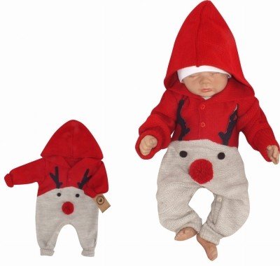 Z&Z Dětský pletený Vánoční overálek s kapucí a knoflíčky Baby Sob, červený, vel. 56 (1-2m)