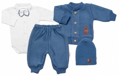 5-dílná pletená sada Baby Nellys, Boy, body, kalhoty, svetr, čepička, motýlek - modrá
, vel. 56 (1-2m)
