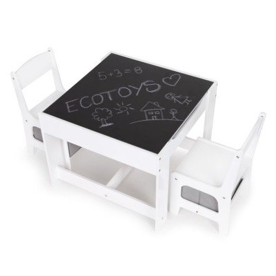 Dětský dřevěný nábytek Eco toys, stoleček s tabulí + dvě židličky - bílá/šedá