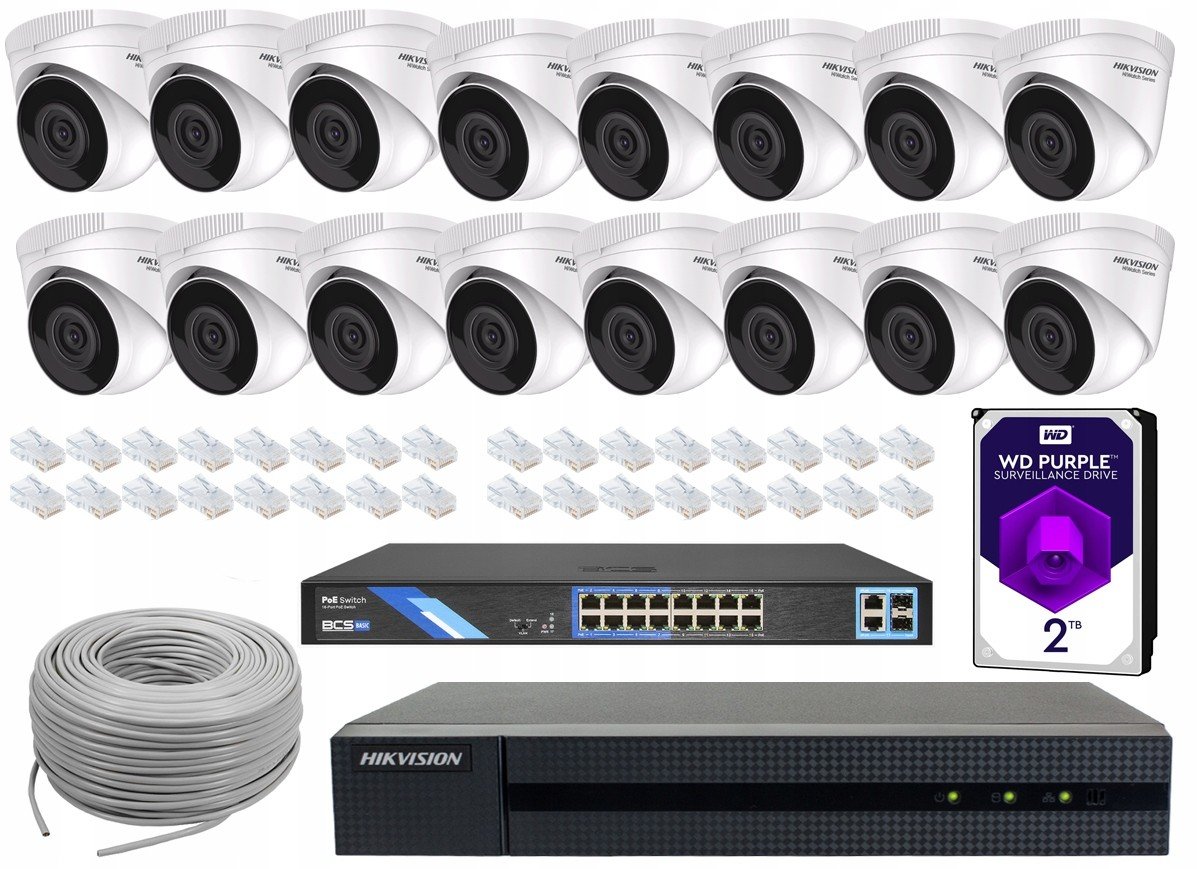 Set Pro Monitoring 16x Ip Hikvision PoE 2Mp Ir