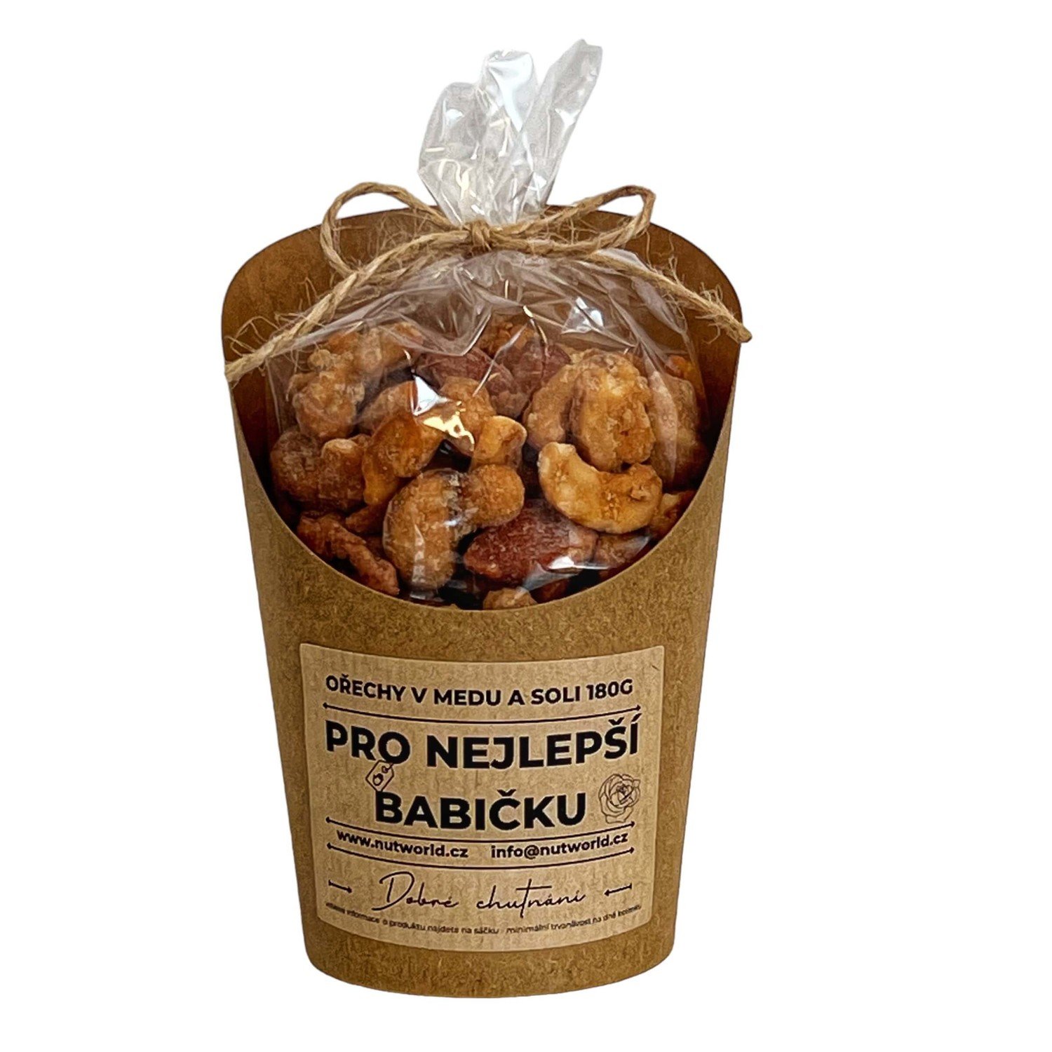 Nutworld.cz Mix ořechů v medu a soli v celofánku a kelímku 180g - PRO NEJLEPŠÍ BABIČKU