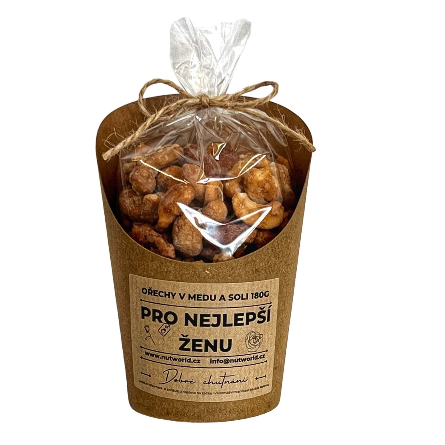 Nutworld.cz Mix ořechů v medu a soli v celofánku a kelímku 180g - PRO NEJLEPŠÍ ŽENU