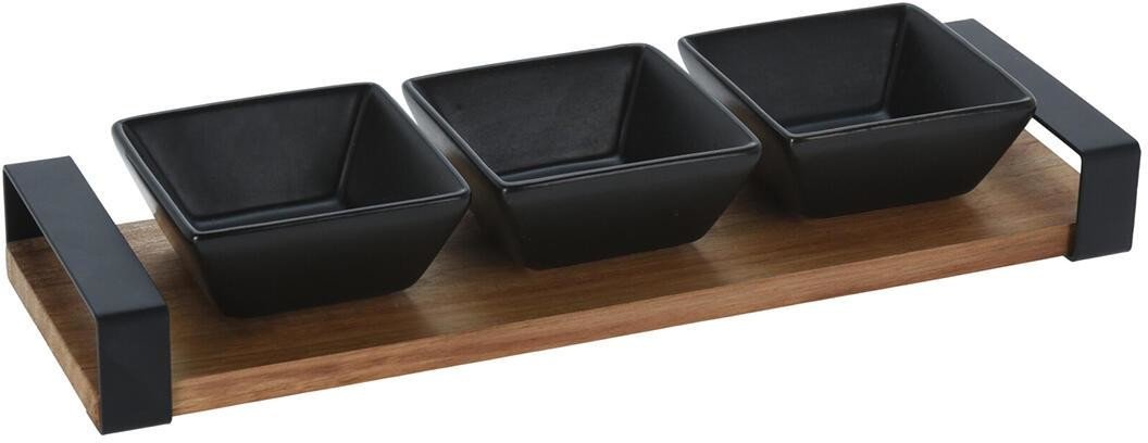 miska servírovací sada 4díl.(1xakacia/kov tác 32x10cm+3xmiska keram.8x8x3,5cm ČER) (210000860)