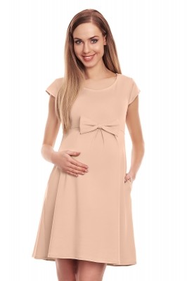 Be MaaMaa Elegantní volné těhotenské šaty s mašlí, kl. rukáv - béžové, vel. S/M