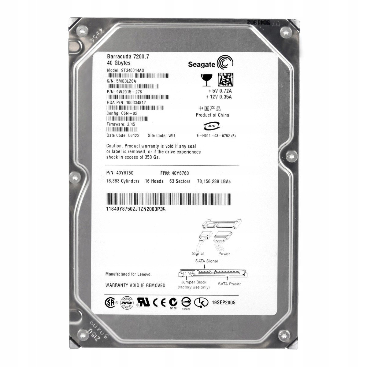 Ibm 40Y8760 40Y8750 40GB 7.2K Sata 3.5' ST340014AS