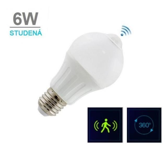 LED21 LED žárovka A60 s PIR čidlem 6W 14xSMD5630 580lm E27 Studená bílá