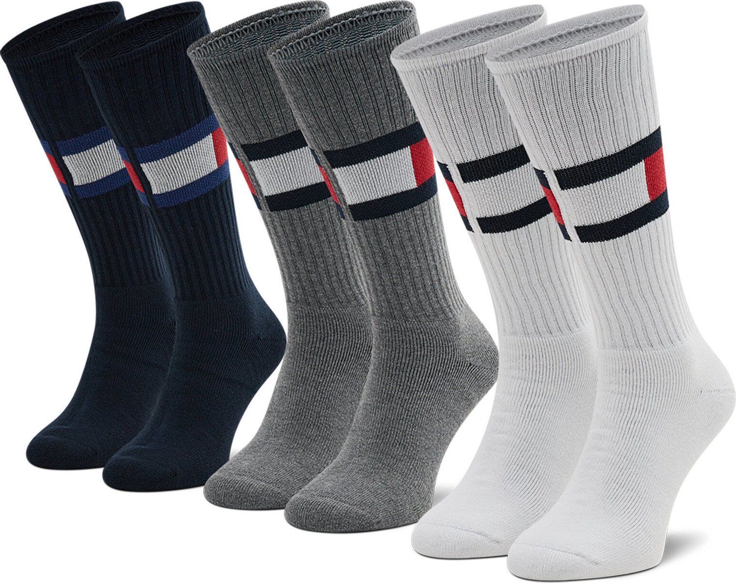 Sada 3 párů vysokých ponožek unisex Tommy Hilfiger 100002978 White/Navy/Grey