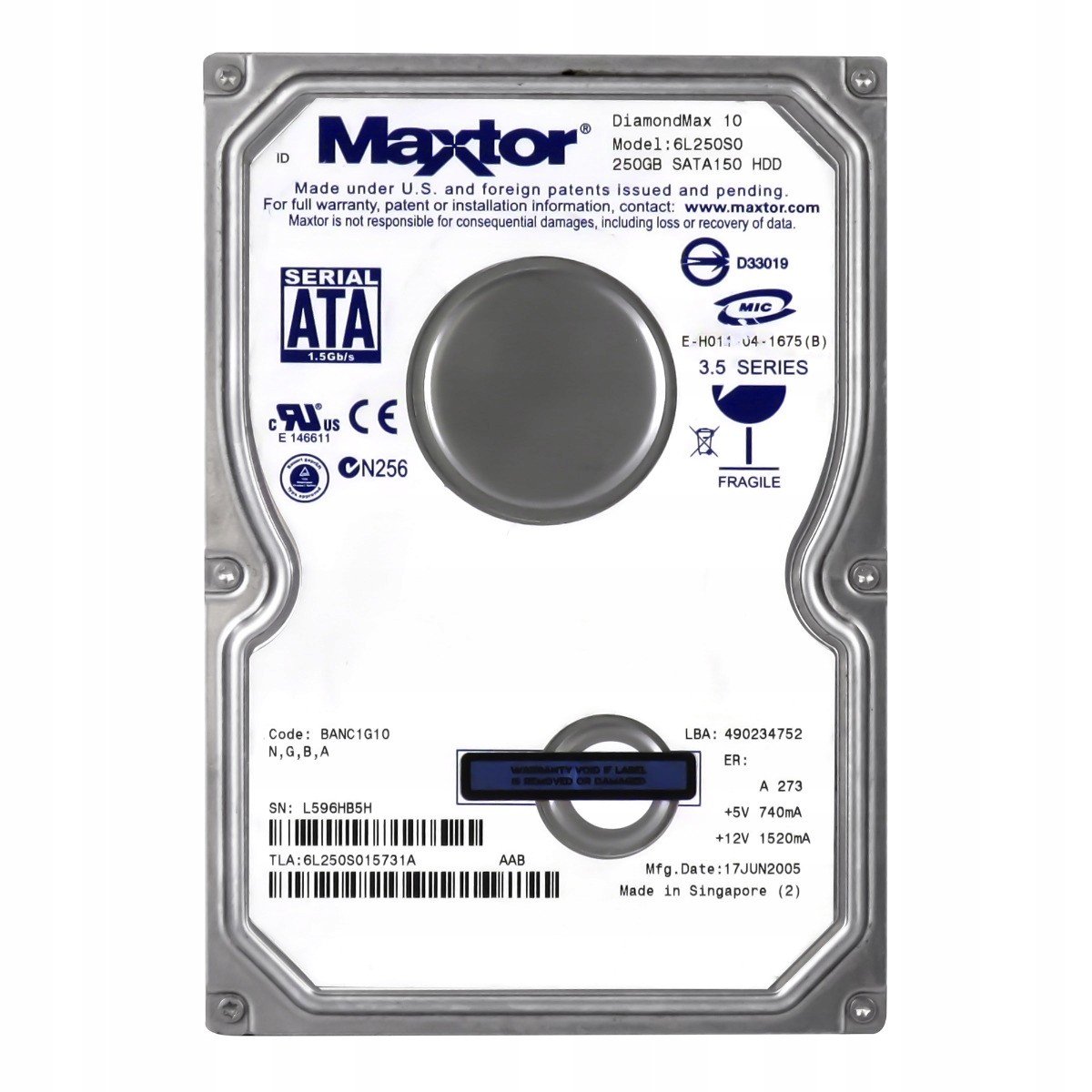 Maxtor DiamondMax 10 250GB 7.2K Sata 3.5'' 6L250S0