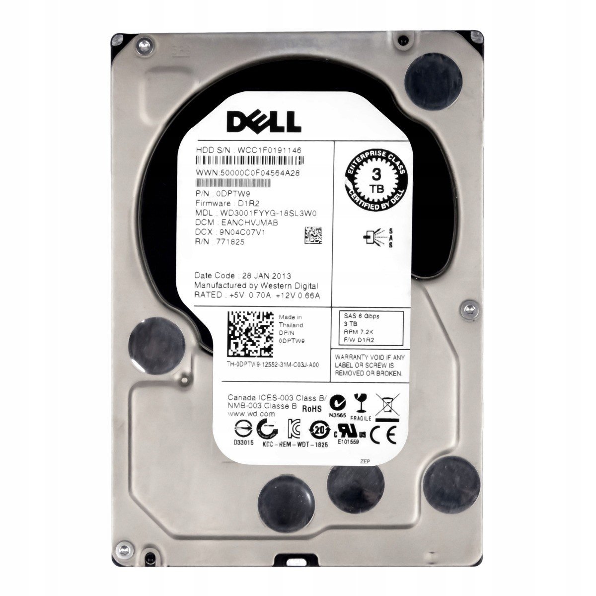 Dell 0DPTW9 3TB 7.2K 32MB SAS-2 3.5'' WD3001FYYG