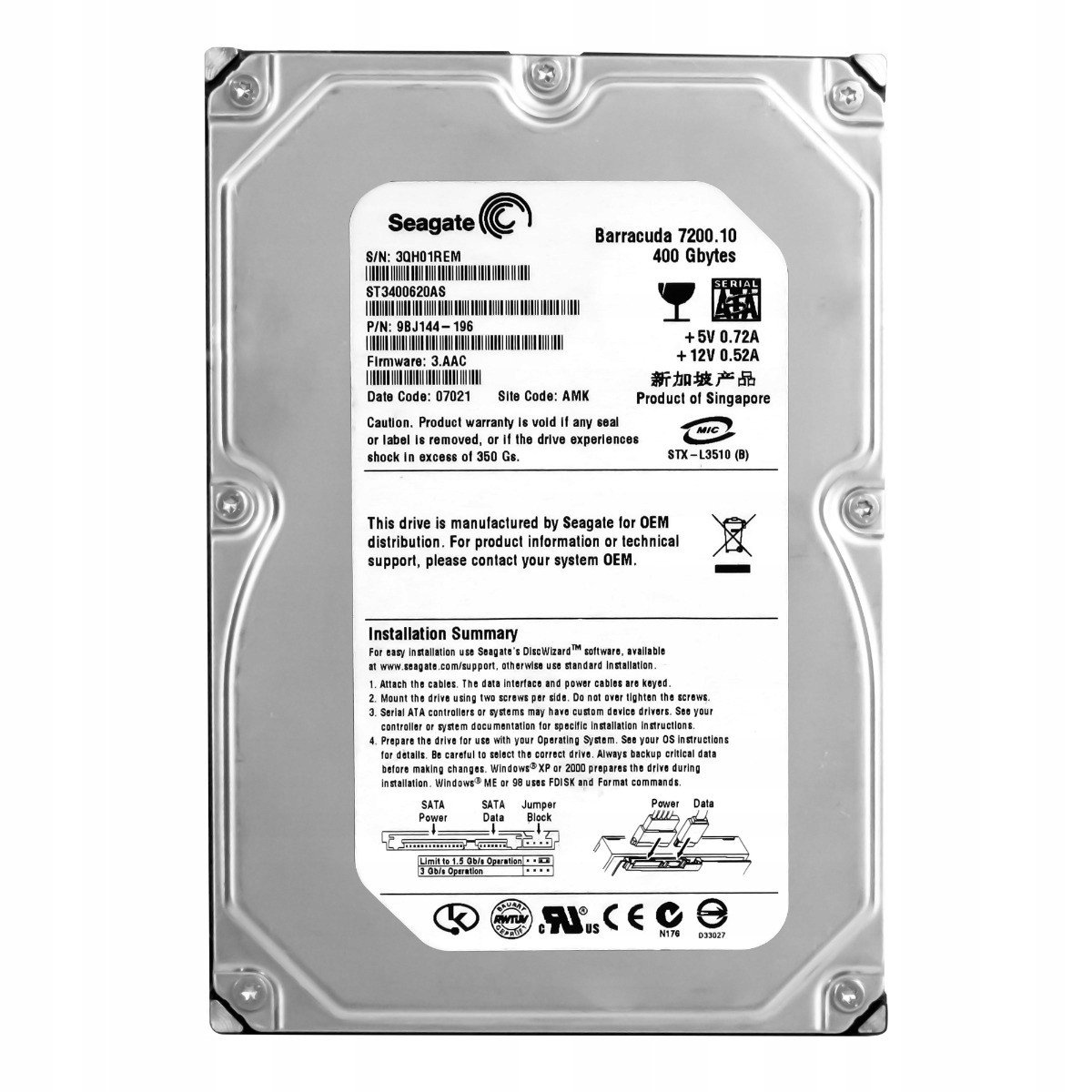 Seagate Barracuda 400GB 7.2K Sata II ST3400620AS