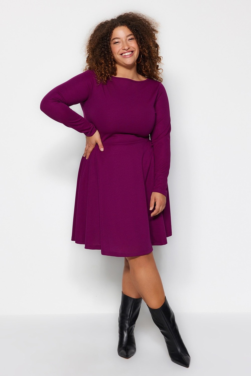 Trendyol Curve Dark Purple Halterneck/Skater Knitted Dress