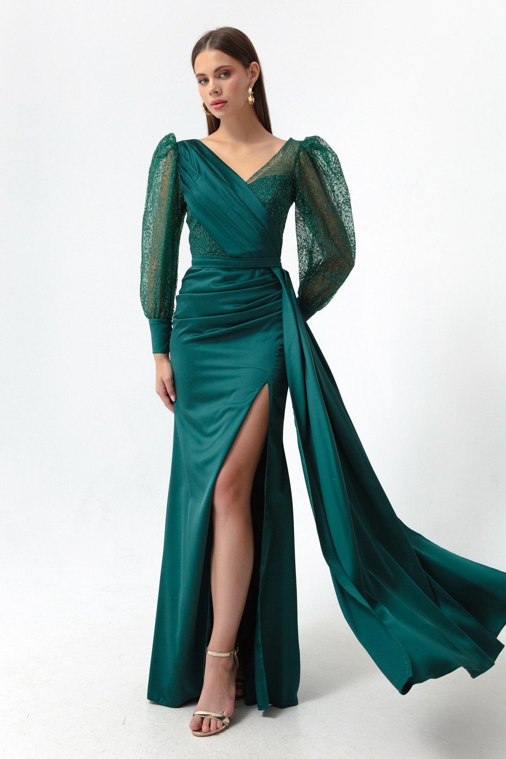 Lafaba Women's Emerald Green, Double Breasted Collar, Glittery Long Satin Evening Dress.