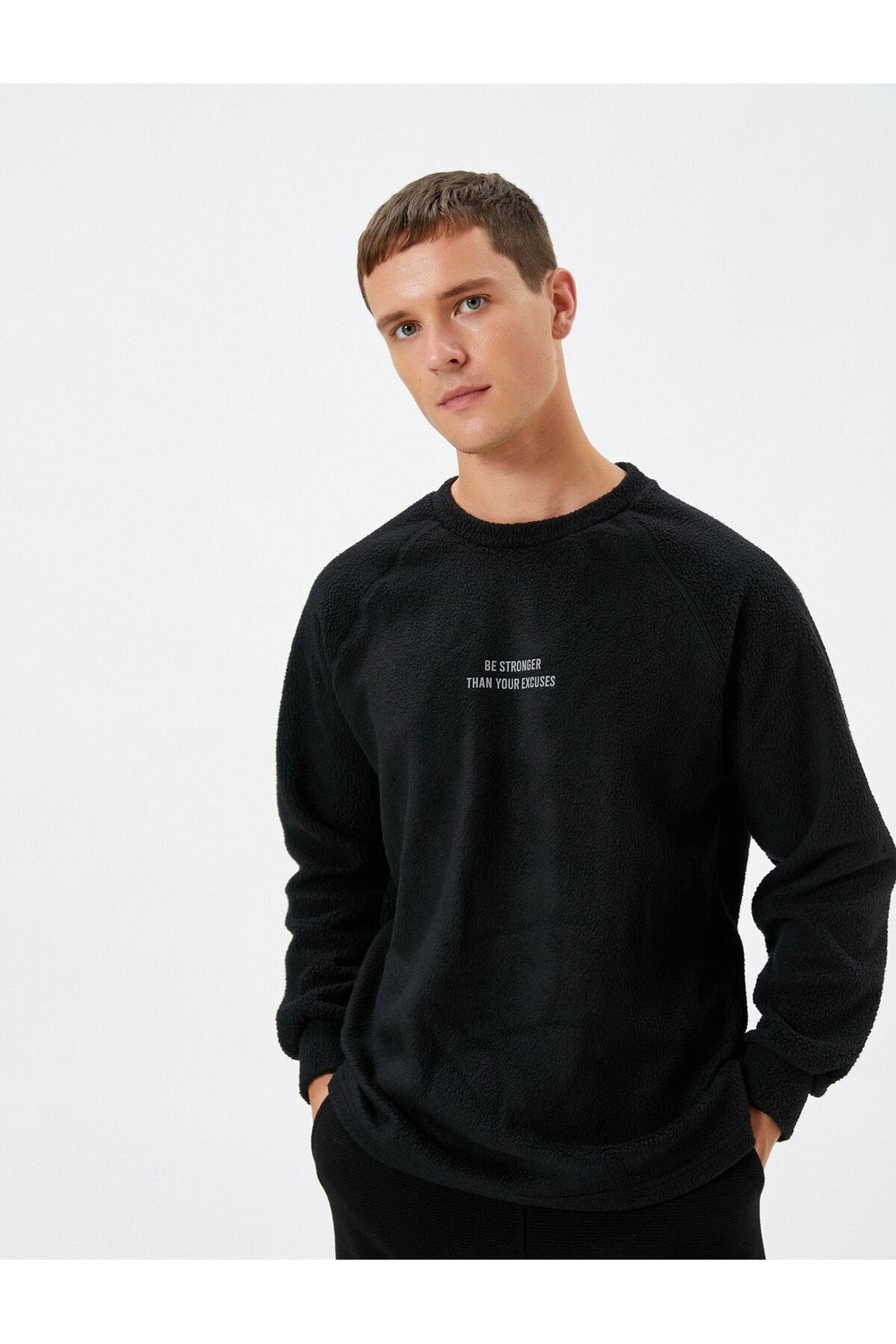 Koton Fleece Sweatshirt with Embroidered Motto Crew Neck Long Sleeved.