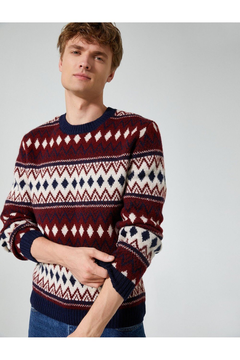 Koton Crew Neck Sweater with Ethnic Detail Acrylic Blend.