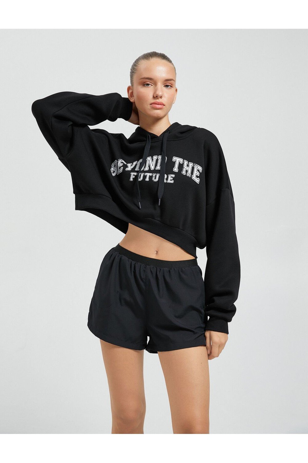 Koton Crop Sweatshirt Sports Slogan Embroidered Hoodie with Ribbed