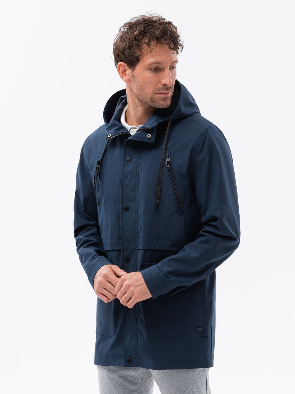 Ombre Men's parka jacket with cargo pockets - navy blue