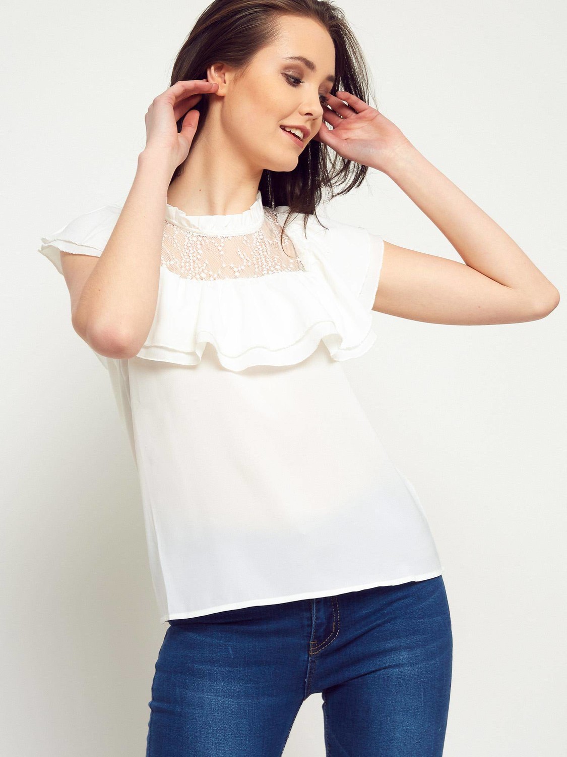 Blouse with stand-up collar and frill ecru
