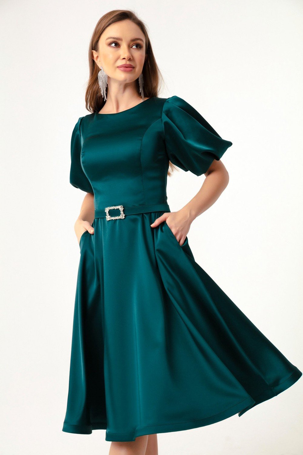 Lafaba Women's Mini Satin Evening Dress with Oil Balloon Sleeves and Stones and a Belt.