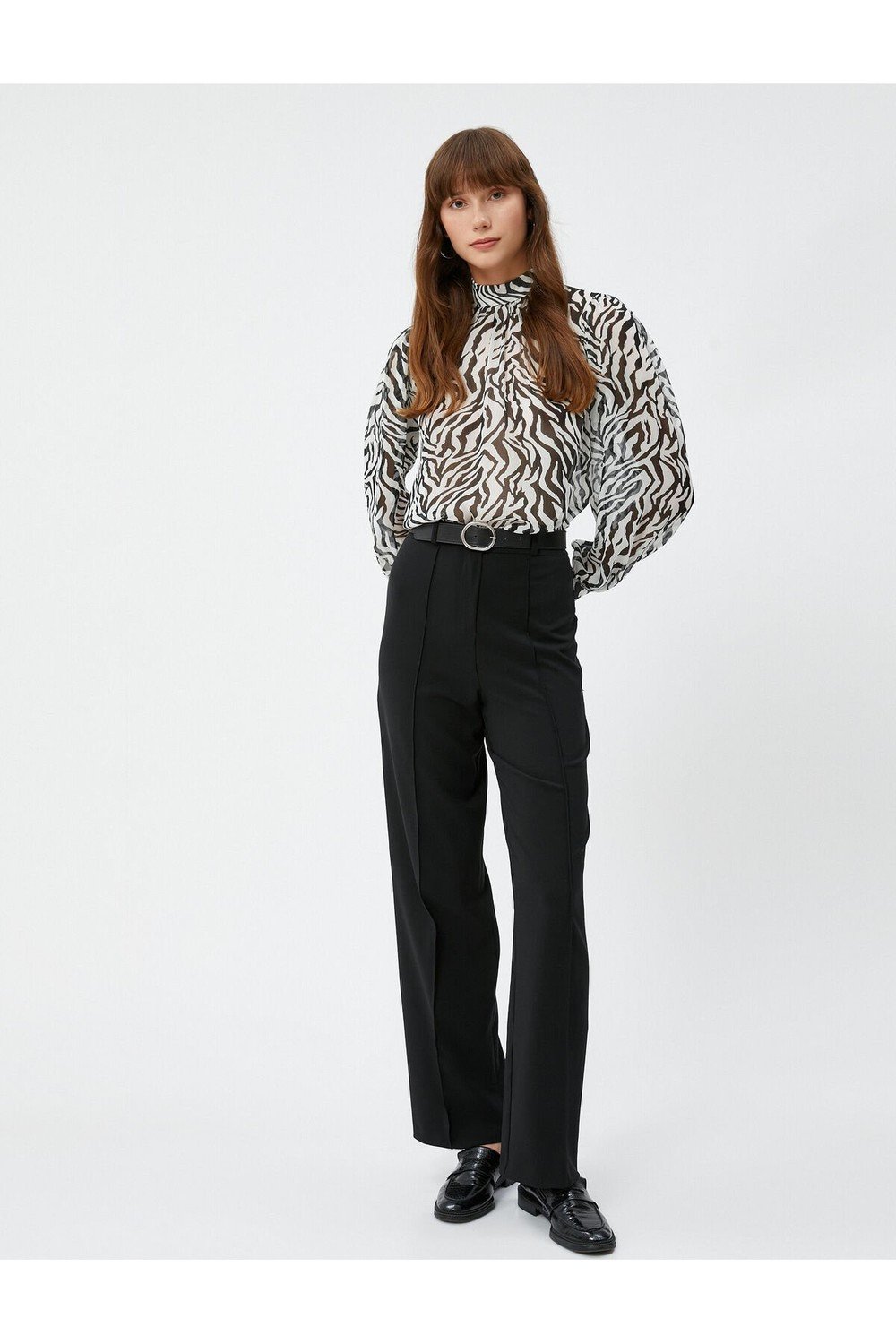 Koton Chiffon blouse with a large collar, Balloon Sleeves, Zebra Patterned