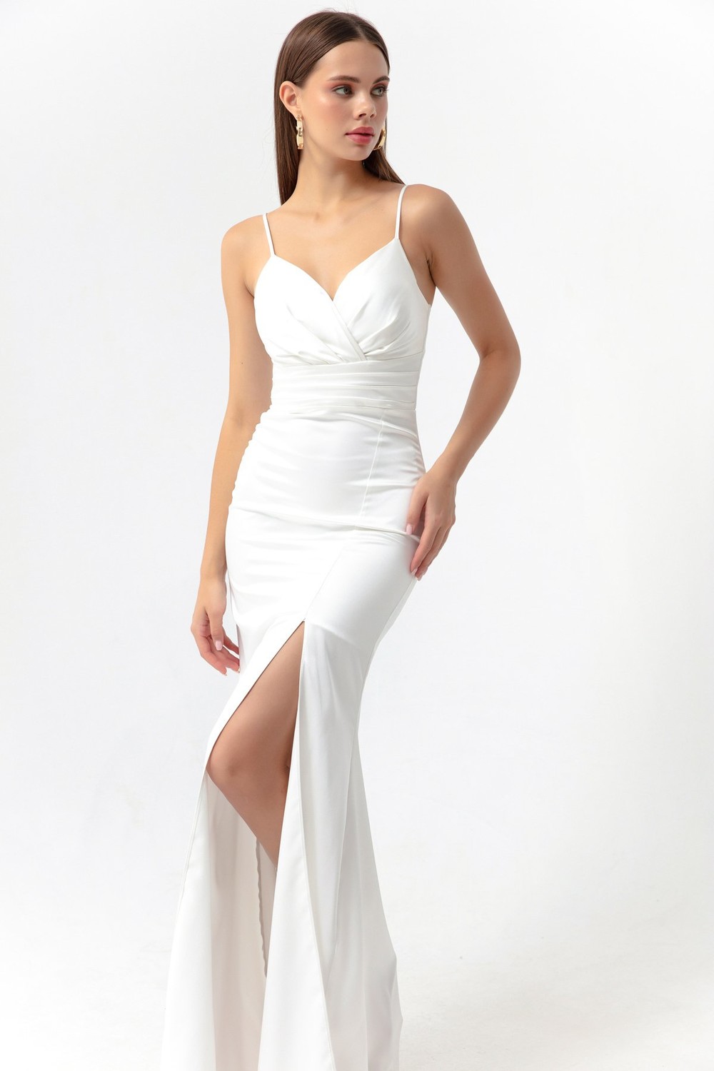 Lafaba Women's White Evening Dress with Straps and a Slit in Long Satin Prom.