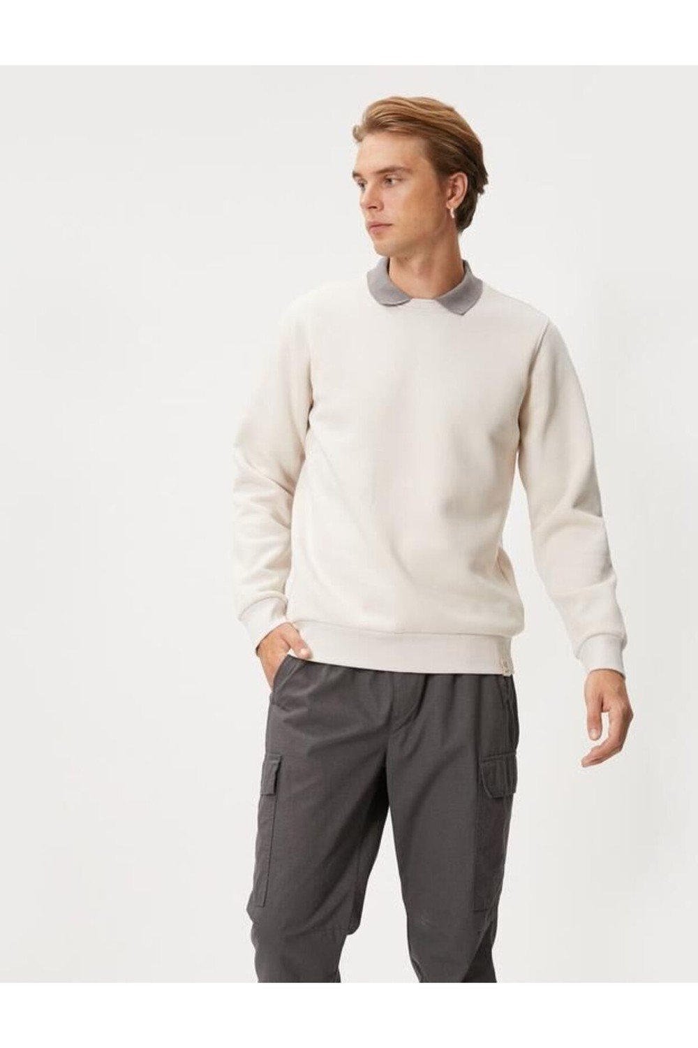 Koton Basic Sweatshirt Polo Collar Label Print Detail Ribbed.