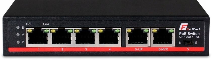 GetFort switch 6 portový Fast Ethernet PoE, 65W