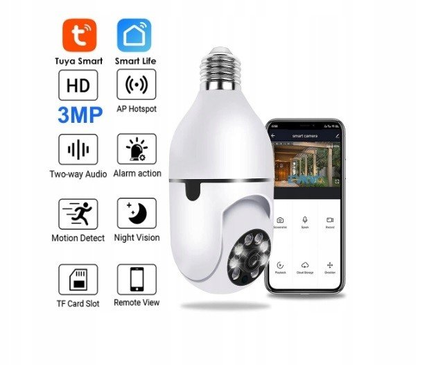 3MPX Otočná Wifi Kamera Závitem E27 App Tuya
