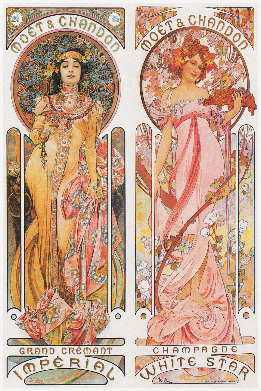 autor Obrazová reprodukce Moët & Chandon Champagne (Beautiful Pair of Art Nouveau Lady, Advertisement) - Alfons / Alphonse Mucha, (26.7 x 40 cm)