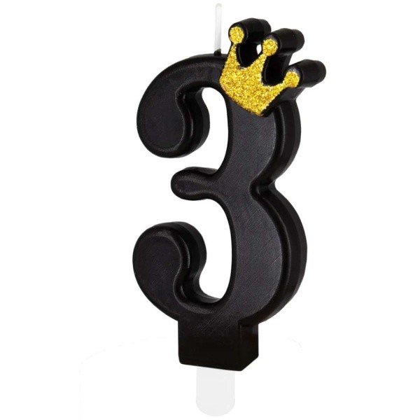 Svíčka dortová Číslice 3 černá s korunkou 8,8 cm