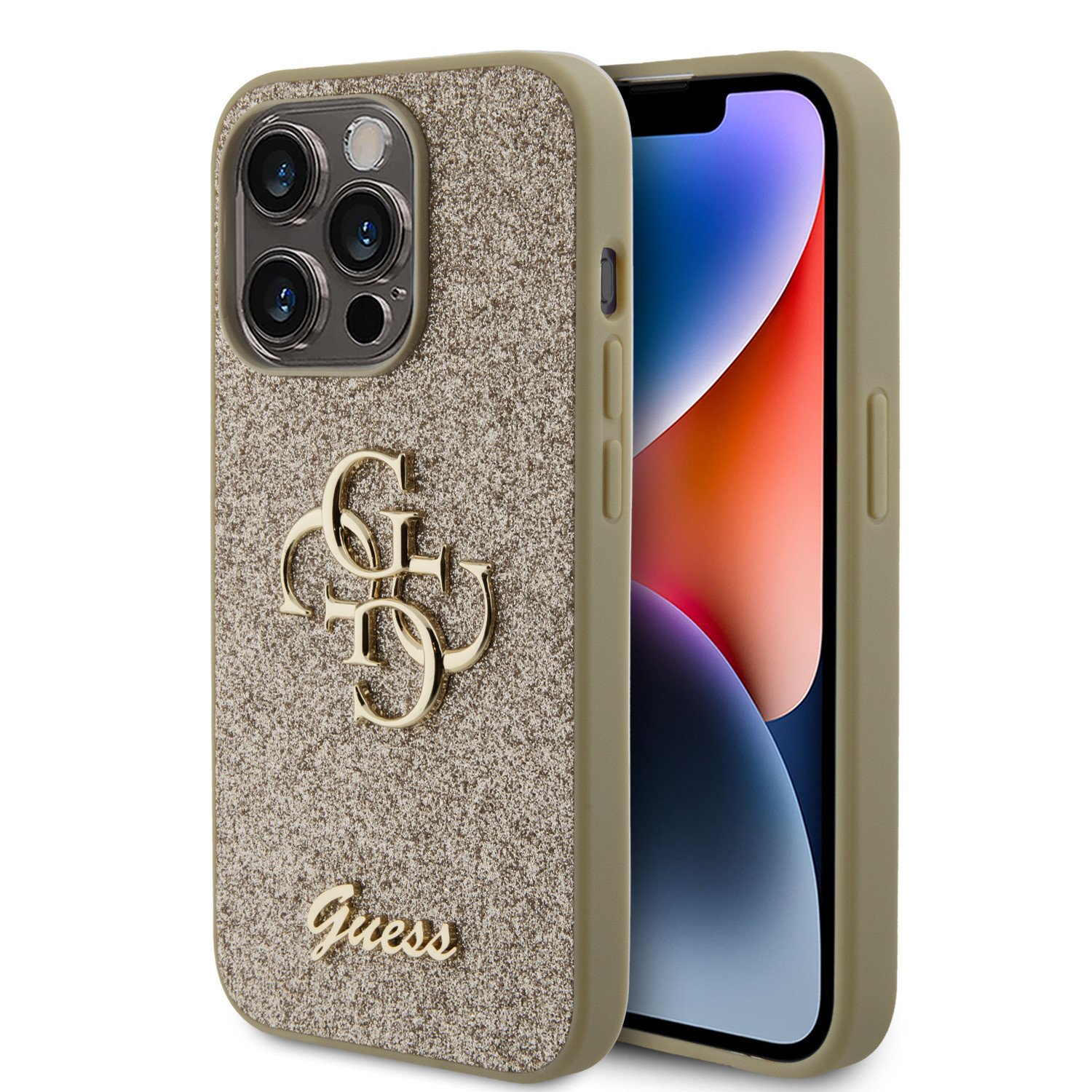 Ochranný kryt na iPhone 15 Pro - Guess, Fixed Glitter 4G Metal Logo Gold GUHCP15LHG4SGD