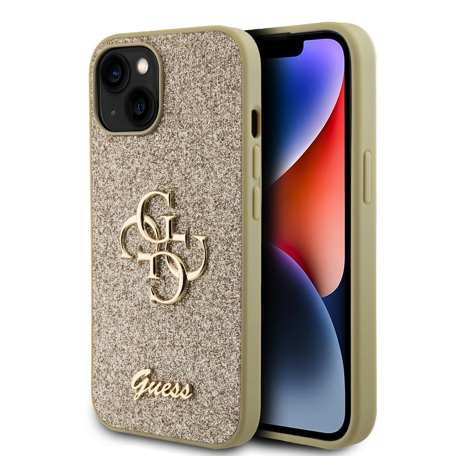 Ochranný kryt na iPhone 15 - Guess, Fixed Glitter 4G Metal Logo Gold GUHCP15SHG4SGD