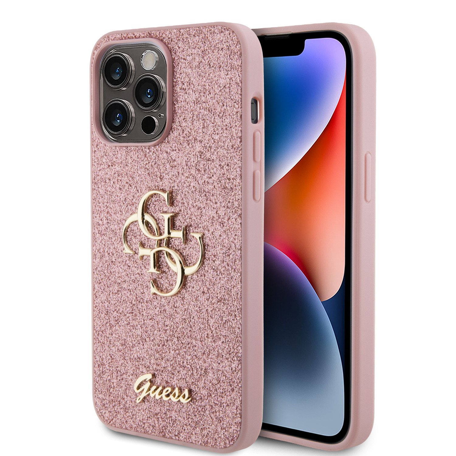 Ochranný kryt na iPhone 15 Pro MAX - Guess, Fixed Glitter 4G Metal Logo Pink GUHCP15XHG4SGP